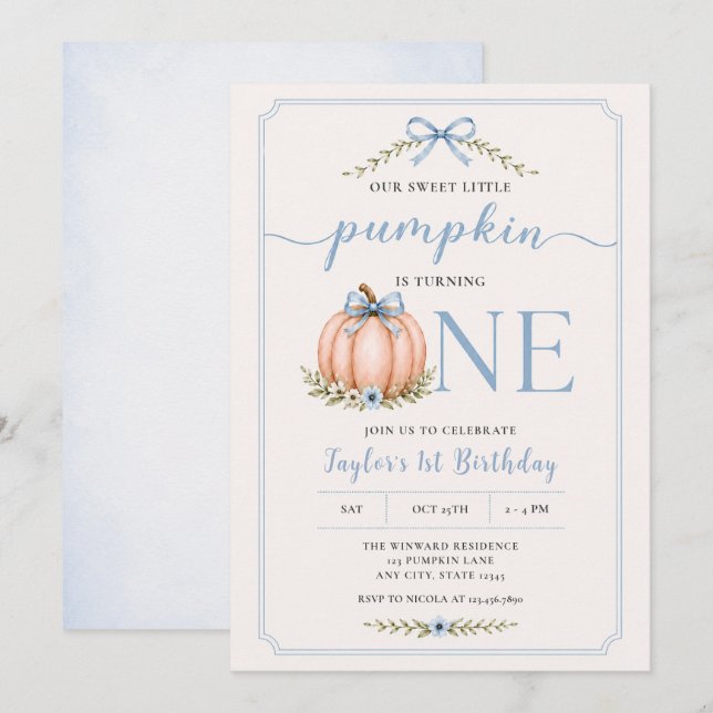 Invitación Nuestro Dulce Pequeño Pumpkin Primer Cumpleaños (Anverso / Reverso)