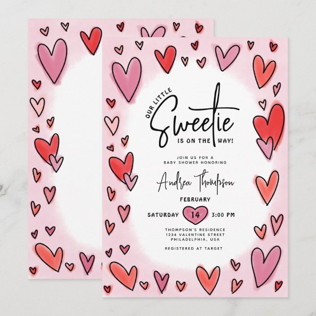 Invitación Nuestro dulce Valentine Hearts Baby Shower (Anverso / Reverso)
