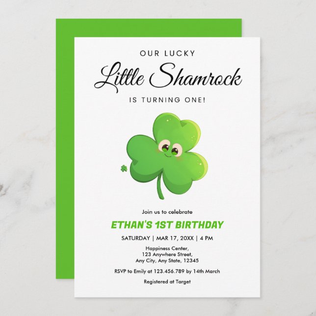 Invitación Nuestro Lucky Little Shamrock 1er cumpleaños (Anverso / Reverso)