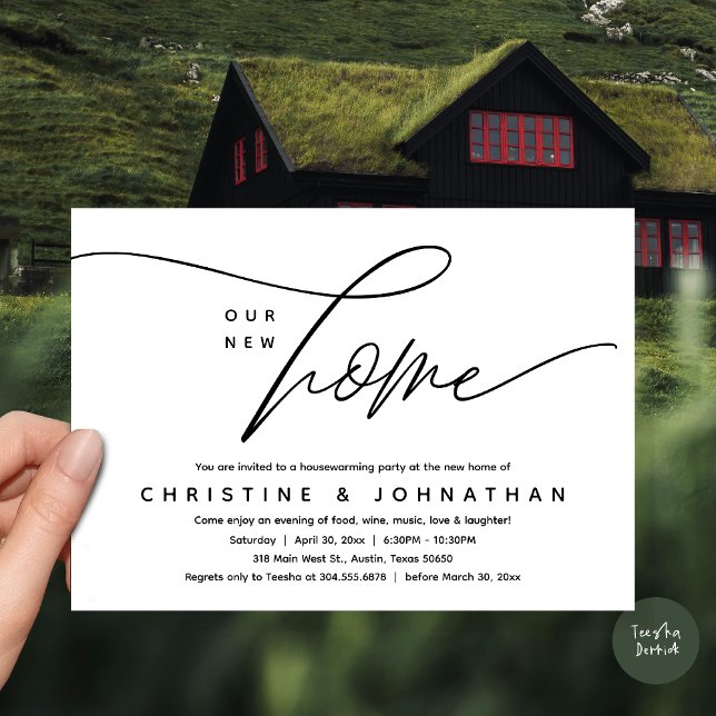 Invitación Nuestro nuevo hogar, acogedor y encantador Fiesta (Our New Home, Cozy Lovely Housewarming Party Invitation Card, PDF, White Black)