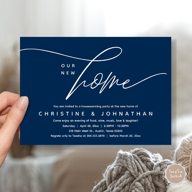 Invitación Nuestro nuevo hogar, acogedor y encantador Fiesta (Our New Home, Cozy Lovely Housewarming Party Invitation Card, PDF, Navy Blue)