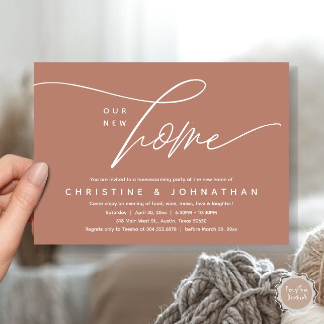 Invitación Nuestro nuevo hogar, acogedor y encantador Fiesta (Our New Home, Cozy Lovely Housewarming Party Invitation Card, PDF, Earthy terracotta brown)