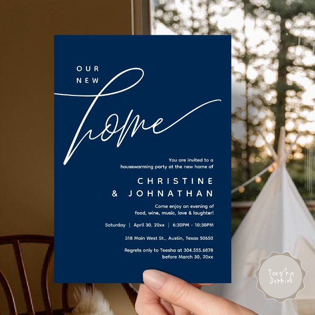 Invitación Nuestro nuevo hogar, acogedor y encantador Fiesta (Our New Home, Cozy Lovely Housewarming Party Invitation Card, PDF, Portrait, Navy Blue)