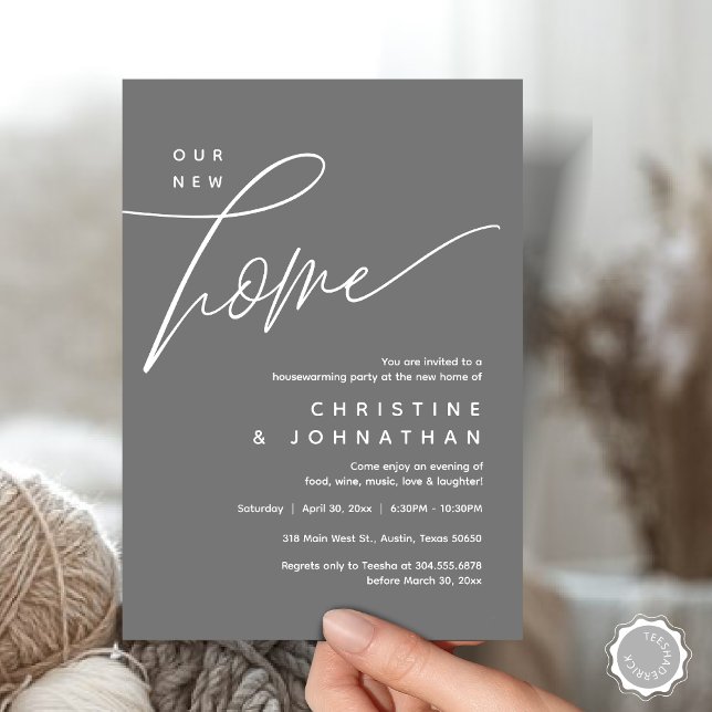Invitación Nuestro nuevo hogar, acogedor y encantador Fiesta (Our New Home, Cozy Lovely Housewarming Party Invitation Card, PDF, Portrait, Dark Grey)