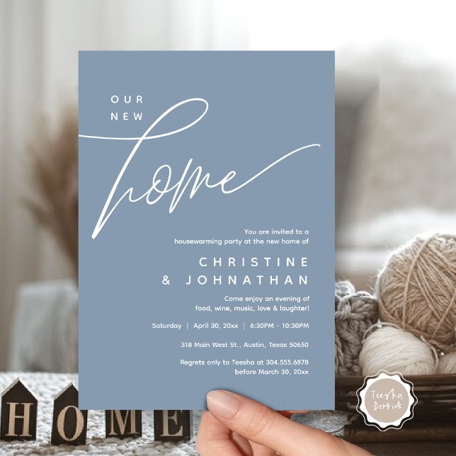 Invitación Nuestro nuevo hogar, acogedor y encantador Fiesta (Our New Home, Cozy Lovely Housewarming Party Invitation Card, PDF, Portrait, Dusty Blue)