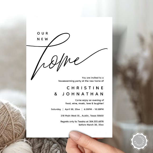 Invitación Nuestro nuevo hogar, acogedor y encantador Fiesta (Our New Home, Cozy Lovely Housewarming Party Invitation Card, PDF, Portrait, Black White)