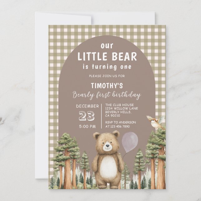 Invitación Nuestro Osito Cumple Uno Bosque Gingham (Anverso)