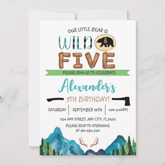 Invitación Nuestro Osito es Salvaje & Cumple Cinco (Anverso)