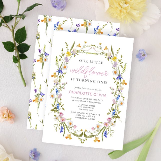 Invitación Nuestro pequeño acuarela rosada de flor silvestre  (1st Birthday Invitation)