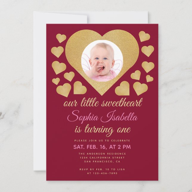 Invitación Nuestro pequeño amor Borgoña Dorado Cumpleaños (Anverso)