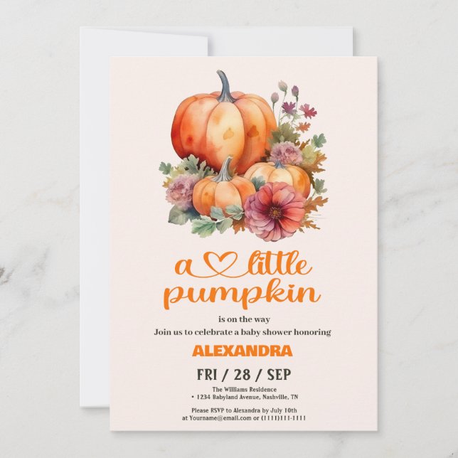 Invitación Nuestro pequeño Baby Shower Chica de calabaza (Anverso)
