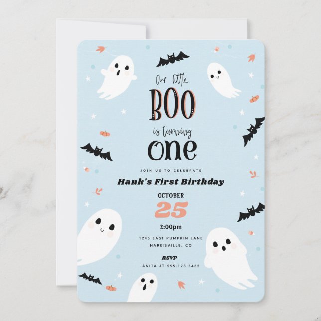 Invitación Nuestro pequeño Boo Azul Halloween Primer Cumpleañ (Anverso)
