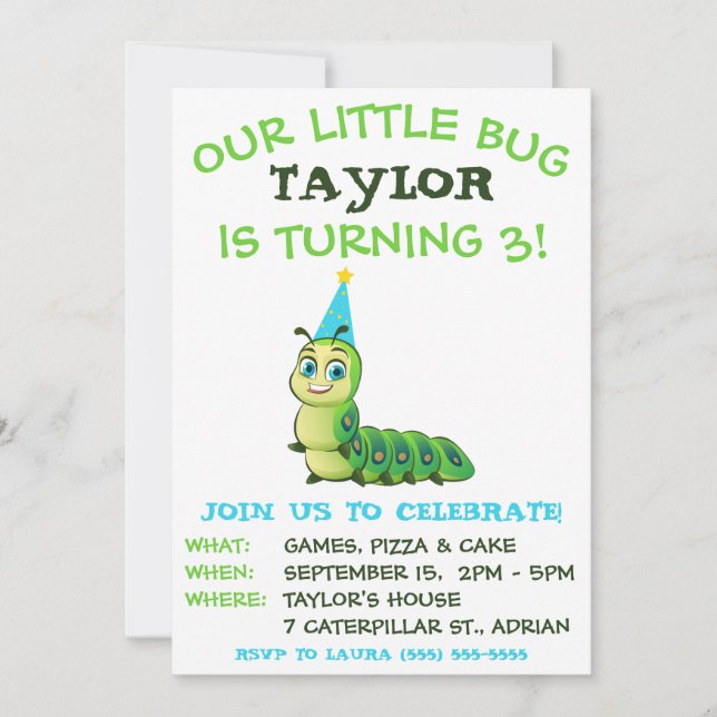 Invitación Nuestro Pequeño Bug, Caterpillar, Fiesta de Cumple (Anverso)