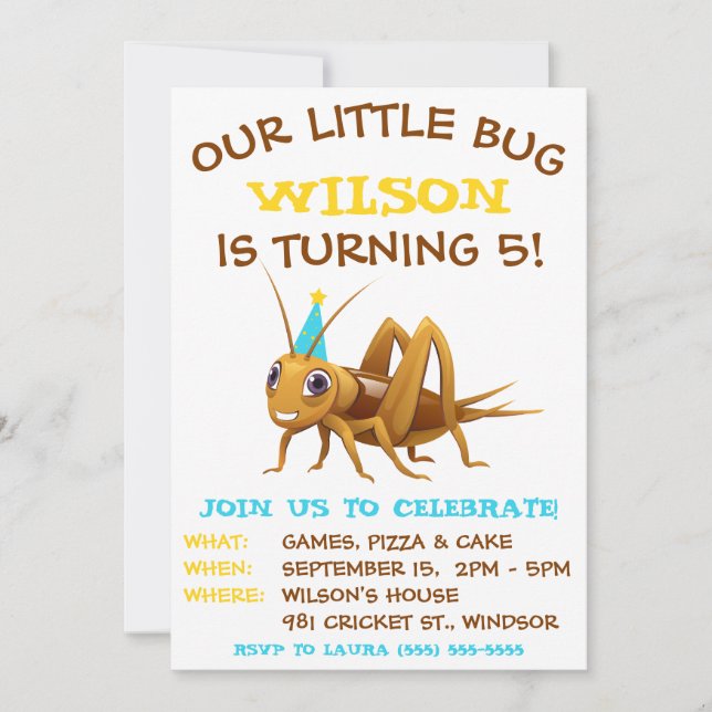 Invitación Nuestro Pequeño Bug, Cricket, fiesta de cumpleaños (Anverso)