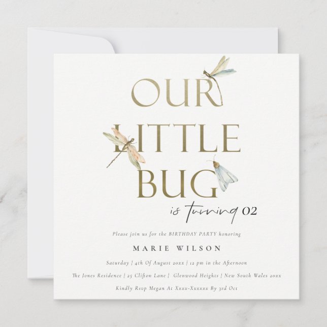 Invitación Nuestro Pequeño Bug Gold Dragonfly Cualquier Cumpl (Anverso)