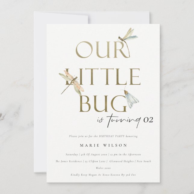 Invitación Nuestro Pequeño Bug Gold Dragonfly Cualquier Cumpl (Anverso)