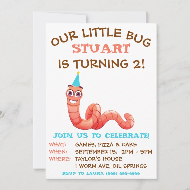 Invitación Nuestro Pequeño Bug, Gusano Terrestre, Fiesta de C (Anverso)