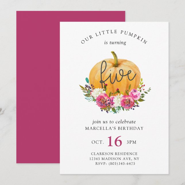 Invitación Nuestro pequeño calabaza 5 cumpleaños (Anverso / Reverso)