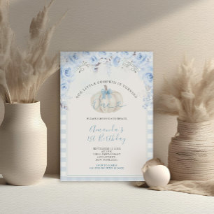 Invitación Nuestro pequeño calabaza Azul Gingham Blanco Prime