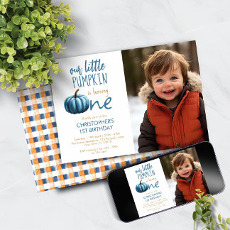 Invitación Nuestro pequeño Calabaza Azul Tapado Primer Cumple