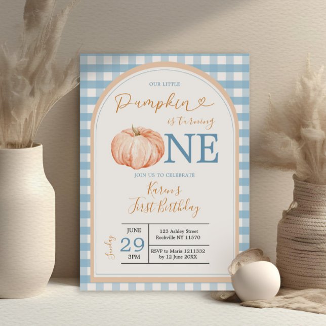 Invitación Nuestro pequeño calabaza Boho Blue Gingham Primer  (Subido por el creador)