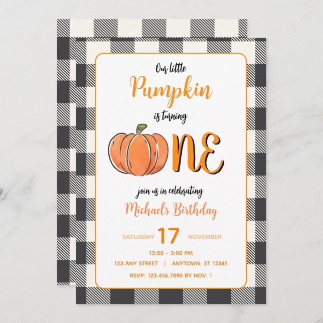 Invitación Nuestro pequeño calabaza Cae Flannel Boys Cumpleañ (Anverso / Reverso)