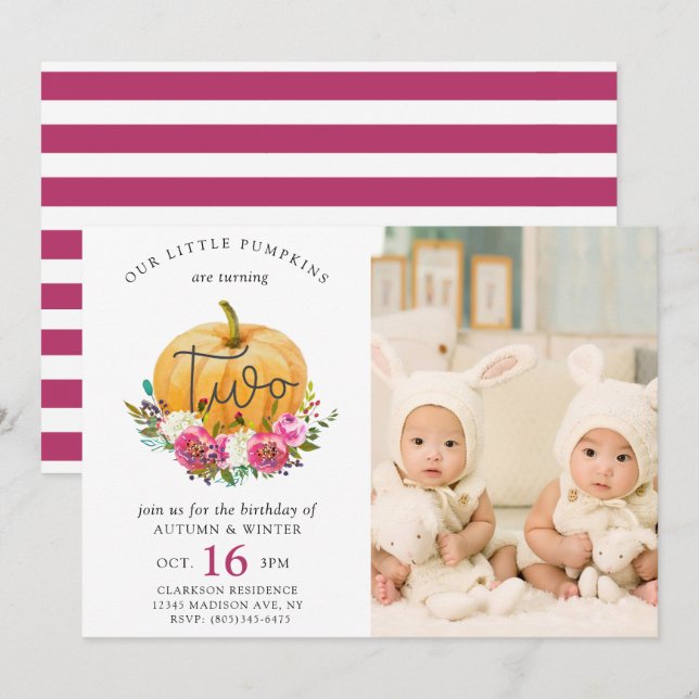 Invitación Nuestro pequeño calabaza Cae Floral 2º Gemelos Cum (Anverso / Reverso)