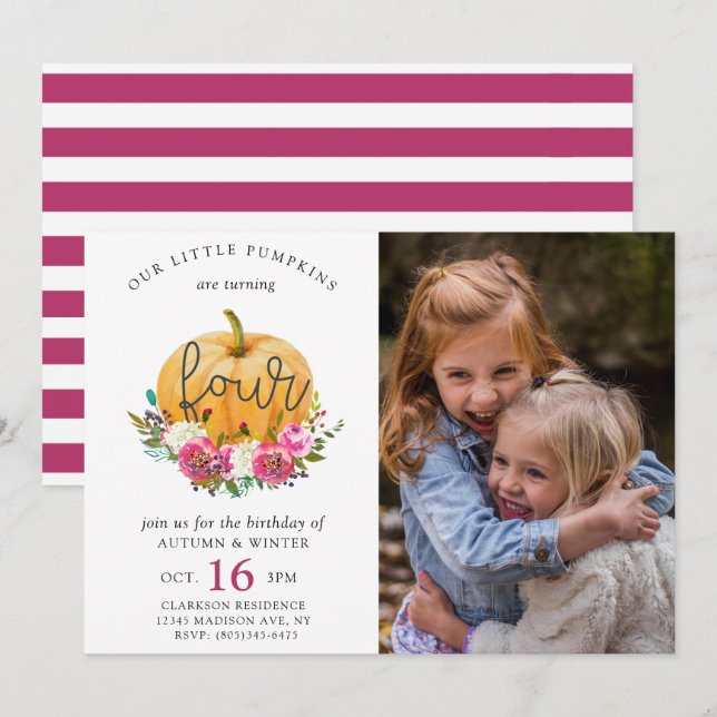 Invitación Nuestro pequeño calabaza Cae Floral 4º cumpleaños (Anverso / Reverso)