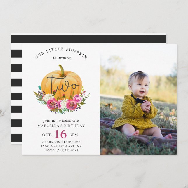 Invitación Nuestro pequeño calabaza cae floral segundo cumple (Anverso / Reverso)