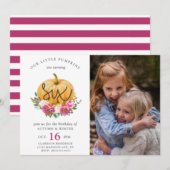 Invitación Nuestro pequeño calabaza cae Gemelos Florales 6º c (Anverso / Reverso)