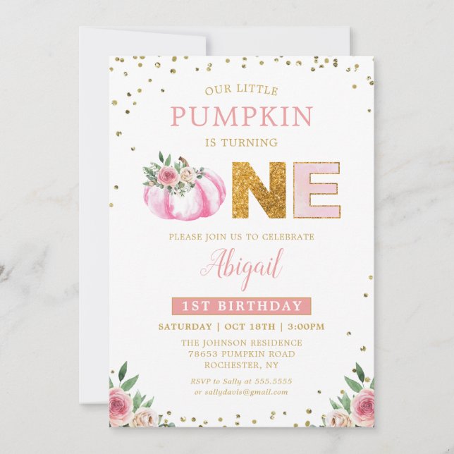Invitación Nuestro pequeño calabaza Floral de oro rosa primer (Anverso)