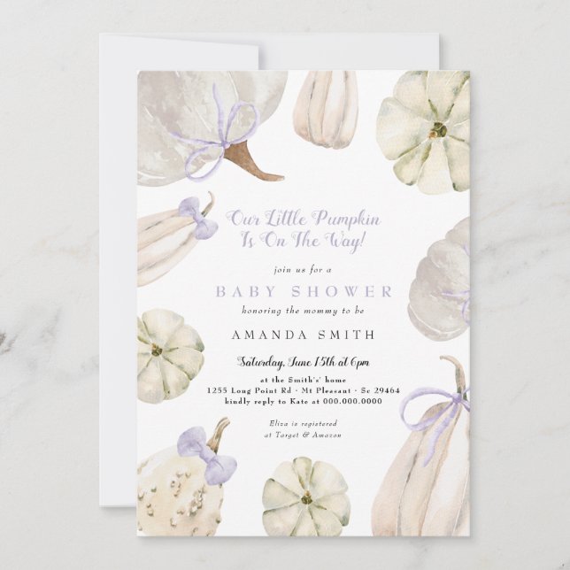 Invitación Nuestro pequeño calabaza morado dobla Baby Shower  (Anverso)