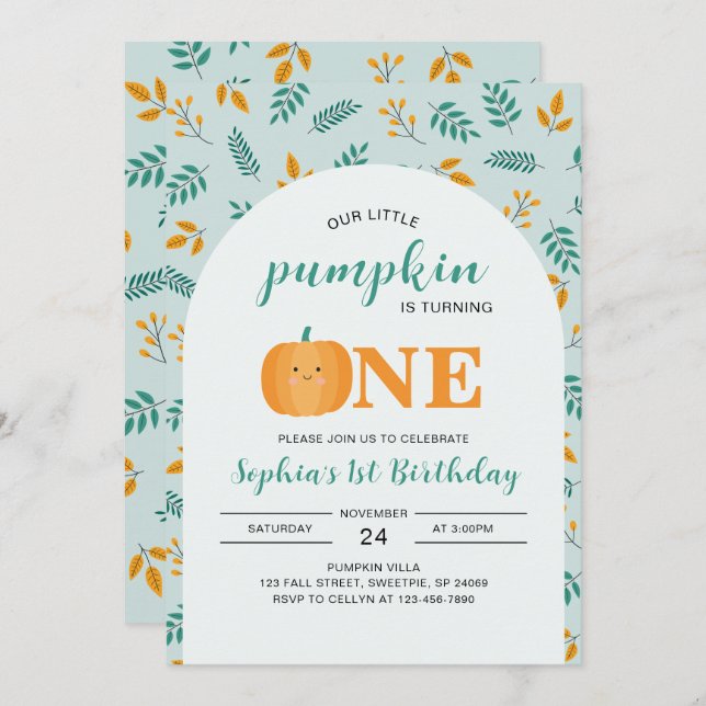 Invitación Nuestro pequeño calabaza primer cumpleaños (Anverso / Reverso)