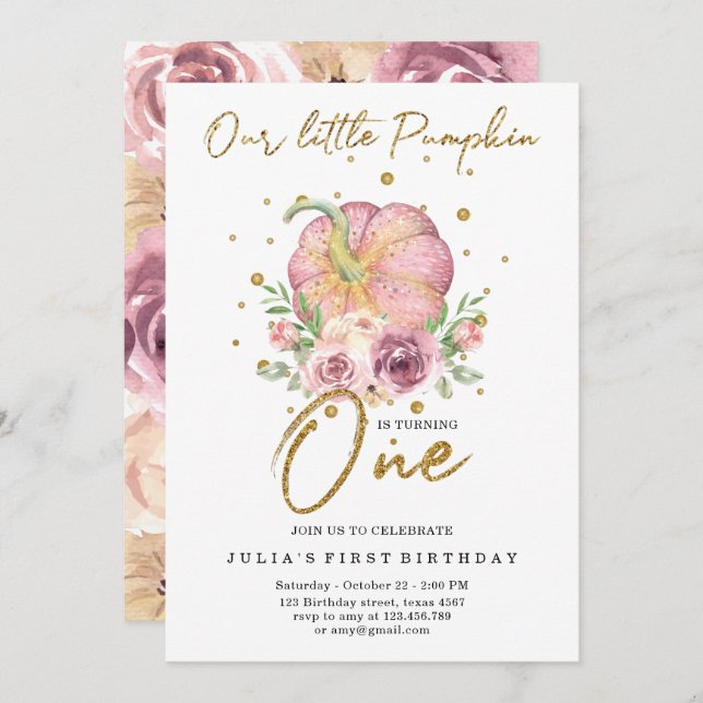 Invitación Nuestro pequeño calabaza primer rosado de cumpleañ (Anverso / Reverso)