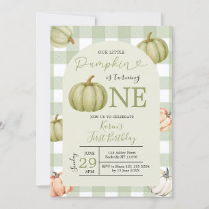 Invitación Nuestro pequeño calabaza Sage Gingham Primer Cumpl