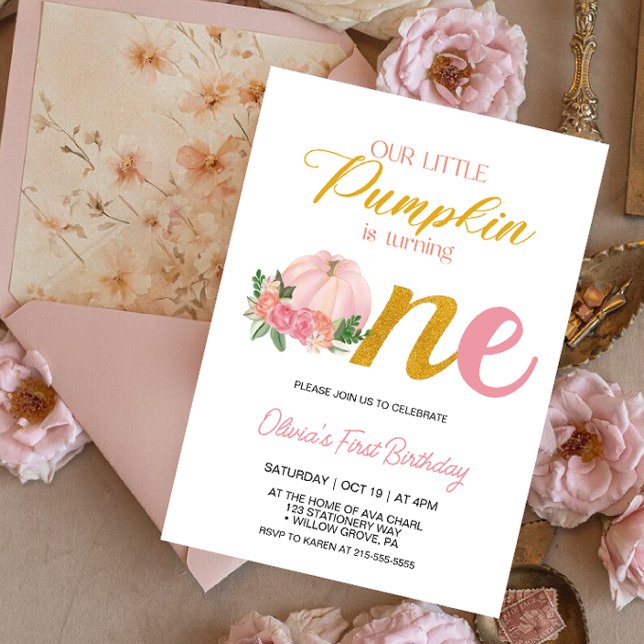 Invitación Nuestro pequeño Chica rosado de calabaza Primer cu (Subido por el creador)