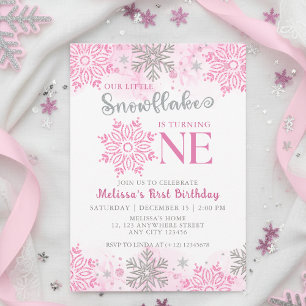 Invitación Nuestro pequeño Copo de Nieve Plata Rosada Cumplea