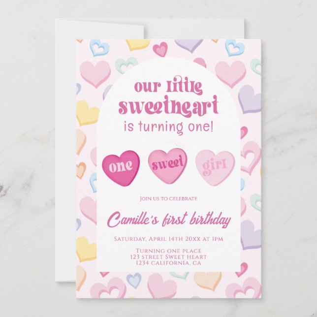 Invitación Nuestro pequeño corazón dulce cumple un año de eda (Anverso)