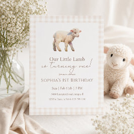 Invitación Nuestro pequeño cordero cumpleaños neutral Gingham