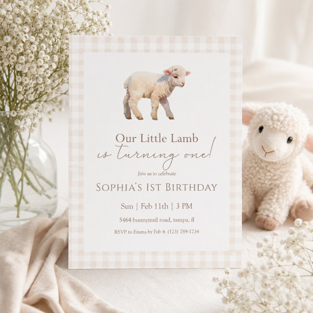 Invitación Nuestro pequeño cordero cumpleaños neutral Gingham (Subido por el creador)