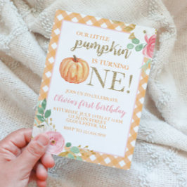 Invitación Nuestro pequeño cumpleaños de calabaza dorada y fl