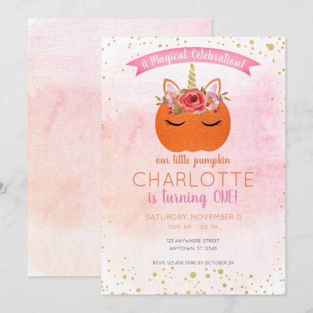 Invitación Nuestro pequeño cumpleaños mágico de calabaza Unic (Anverso / Reverso)