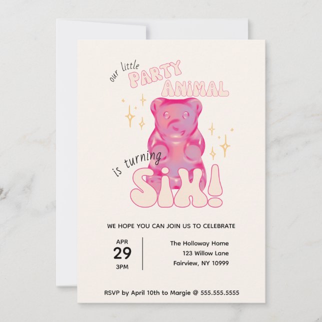 Invitación Nuestro pequeño Fiesta Animal Gummy Oso 6 cumpleañ (Anverso)