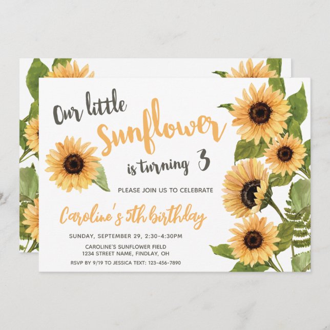 Invitación Nuestro Pequeño Girasol, Acuarela Cualquier Cumple (Anverso / Reverso)