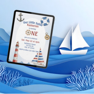 Invitación Nuestro Pequeño Marinero, 1er Cumpleaños, acuarela