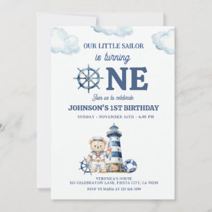 Invitación Nuestro Pequeño Marinero Náutico Azul Cumpleaños 1