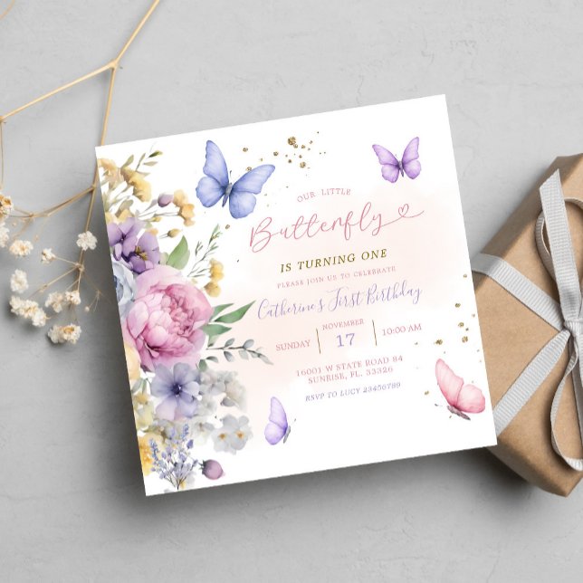 Invitación Nuestro pequeño mariposa rosada flor silvestre 1er (Subido por el creador)