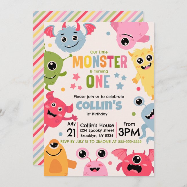 Invitación Nuestro Pequeño Monstruo Cumple Un Año (Anverso / Reverso)