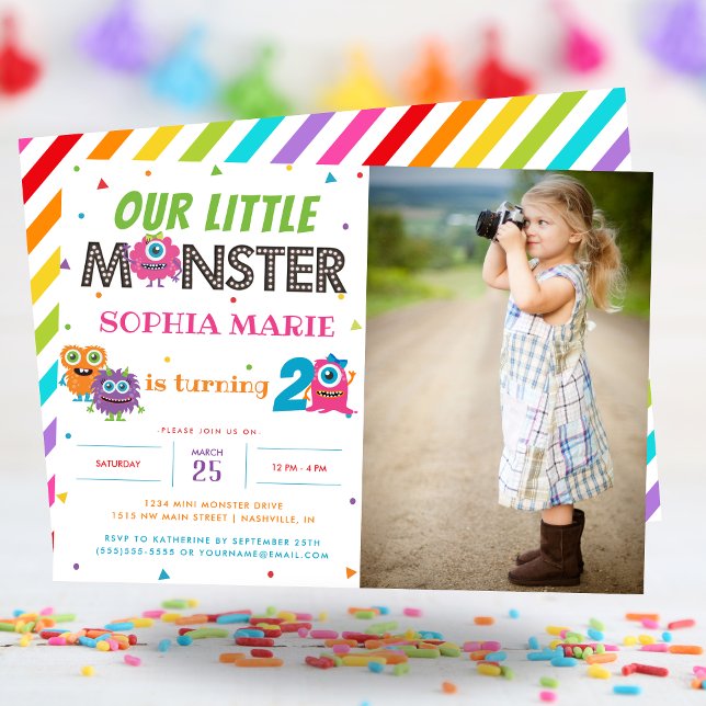 Invitación Nuestro pequeño Monstruo Cute Foto Rosa Cumpleaños (Our Little Monster Cute Pink Photo Birthday Invitation)