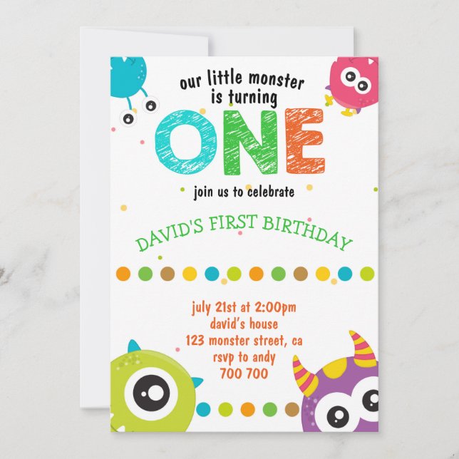 Invitación Nuestro pequeño monstruo niño bebé primer cumpleañ (Anverso)